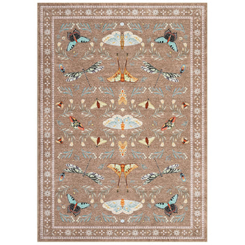 Garvee 4' x 6' Botanical Insect Area Rug, Washable Non-Slip Soft Low-Pile Moth & Butterfly Rug for Bedroom, Office & Entryway, Camel