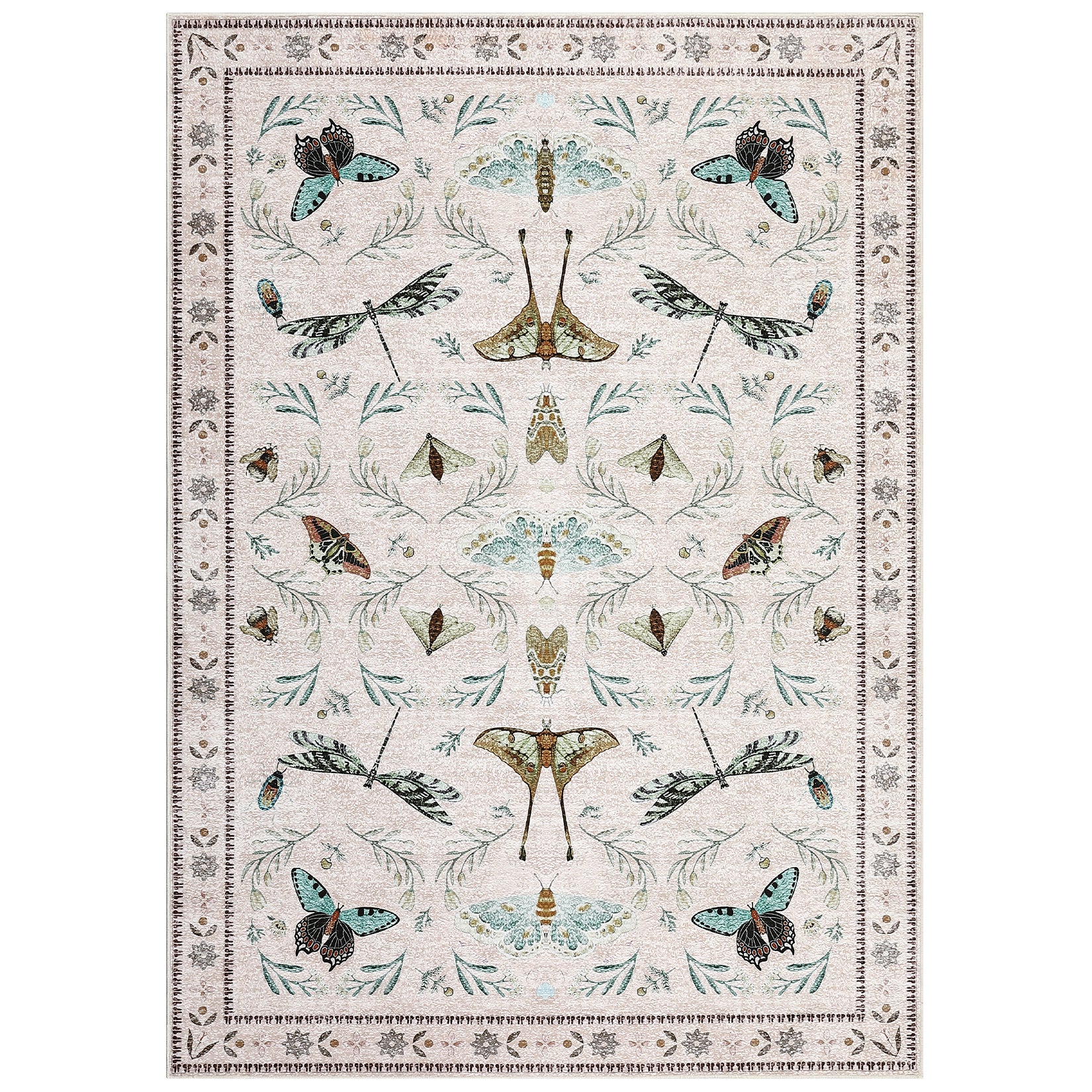Garvee 4' x 6' Beige Botanical Insect Area Rug, Washable Non-Slip Soft Low-Pile Moth, Butterfly & Dragonfly Rug for Bedroom, Office & Entryway