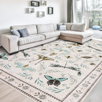 Garvee 6' x 9' Beige Botanical Insect Area Rug, Washable Non-Slip Soft Low-Pile Moth, Butterfly & Dragonfly Rug for Living Room, Bedroom & Dining Room