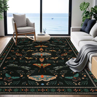 Garvee 6' x 9' Black Botanical Insect Area Rug, Washable Non-Slip Soft Low-Pile Moth, Butterfly & Dragonfly Rug for Living Room & Bedroom