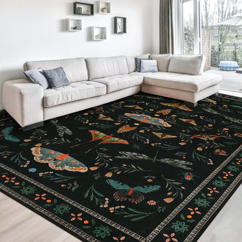 Garvee 4' x 6' Black Botanical Insect Area Rug, Washable Non-Slip Soft Low-Pile Moth & Butterfly Rug for Bedroom, Office & Entryway