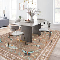 Garvee 4' x 6' Botanical Insect Area Rug, Washable Non-Slip Soft Low-Pile Moth & Butterfly Rug for Bedroom, Office & Entryway, Camel