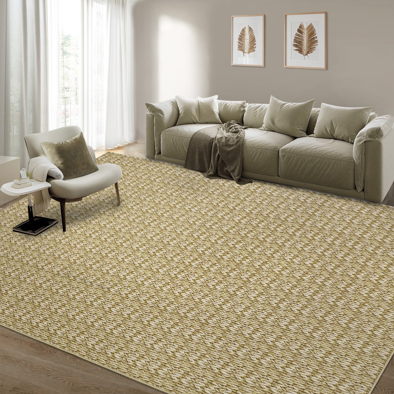 Garvee Modern Camel 5x7 Area Rug Braided Print Floor Cover with Non-Slip Backing, Washable Contemporary Indoor Carpet, Foldable Low Pile Throw Rug for Bedroom, Living Room