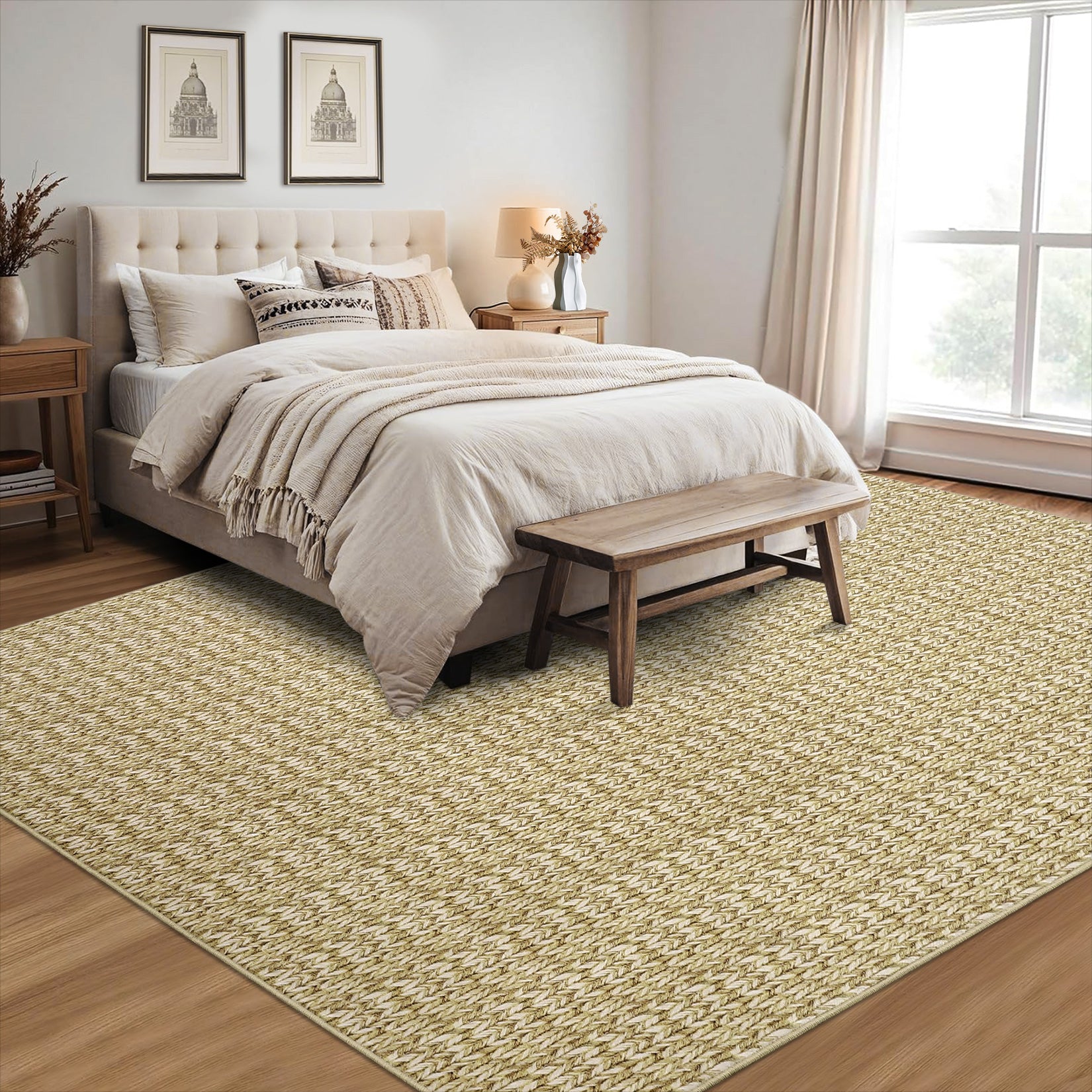 Garvee Modern Camel 5x7 Area Rug Braided Print Floor Cover with Non-Slip Backing, Washable Contemporary Indoor Carpet, Foldable Low Pile Throw Rug for Bedroom, Living Room