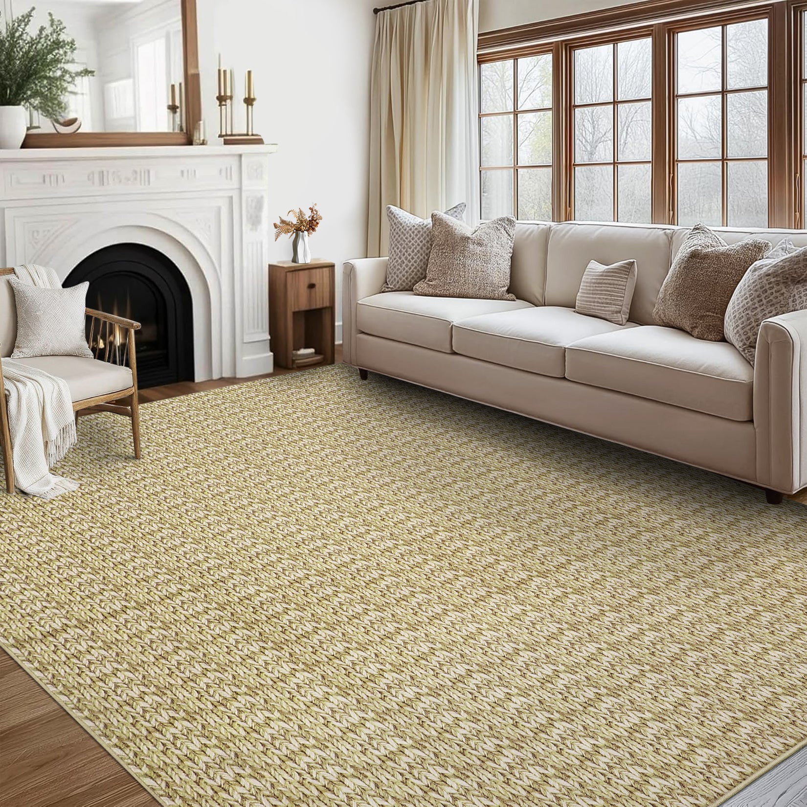 Garvee Modern Camel 9x12 Large Area Rug Braided Print Living Room Rug with Non-Slip Backing, Contemporary Indoor Carpet, Foldable Low Pile Floor Cover for Dining Room, Bedroom