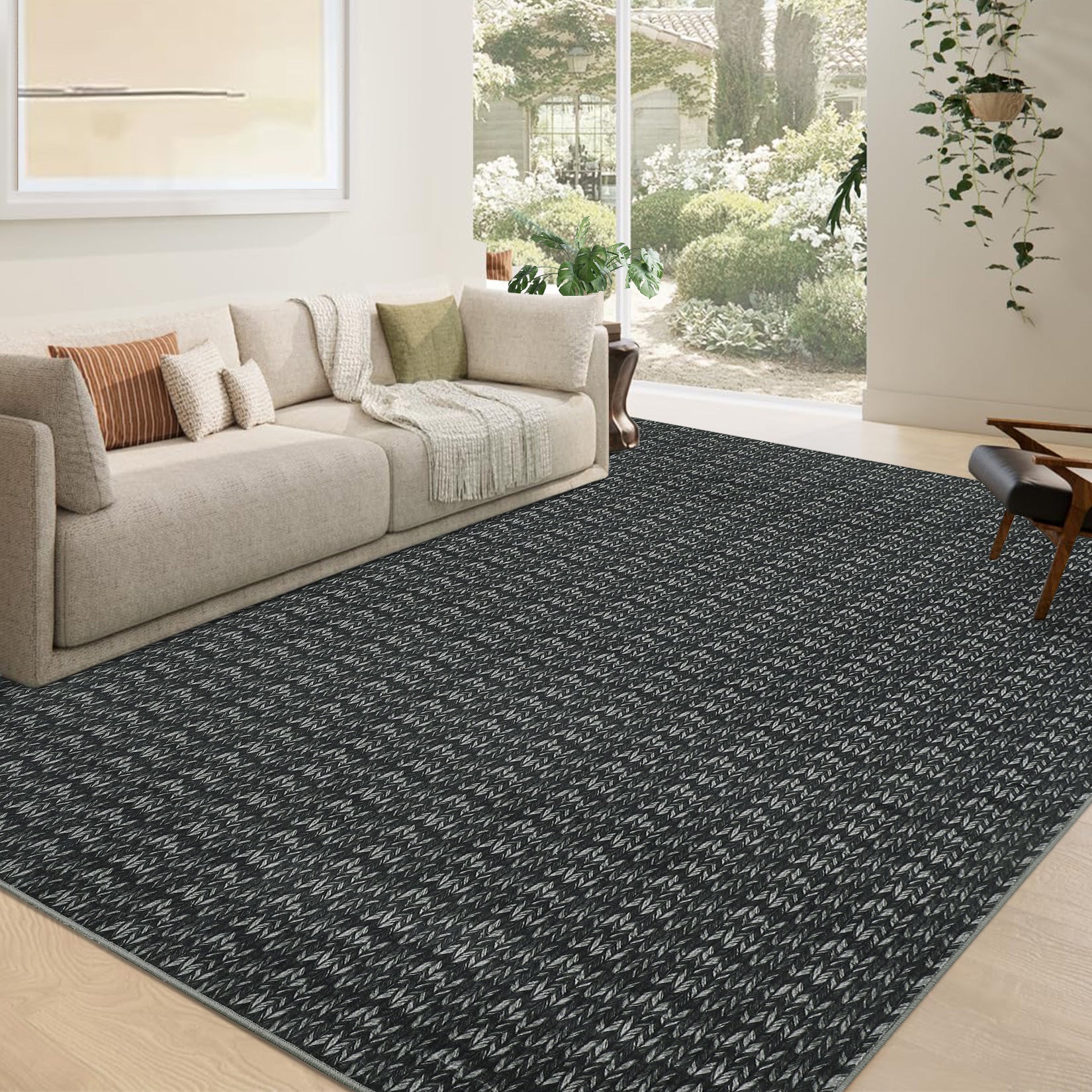 Garvee Modern Black 9x12 Large Area Rug Braided Print Living Room Rug with Non-Slip Backing, Contemporary Indoor Carpet, Foldable Low Pile Floor Cover for Dining Room, Bedroom, Black