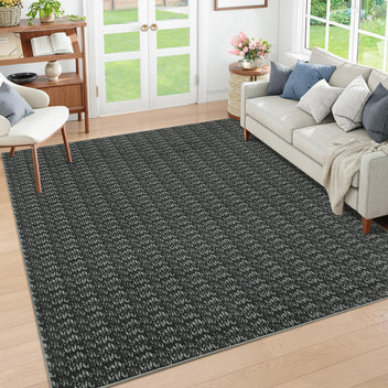 Garvee Modern Black 6x9 Area Rug Braided Print Throw Rug with Non-Slip Backing, Washable Contemporary Accent Carpet, Foldable Low Pile Floor Cover for Living Room, Bedroom