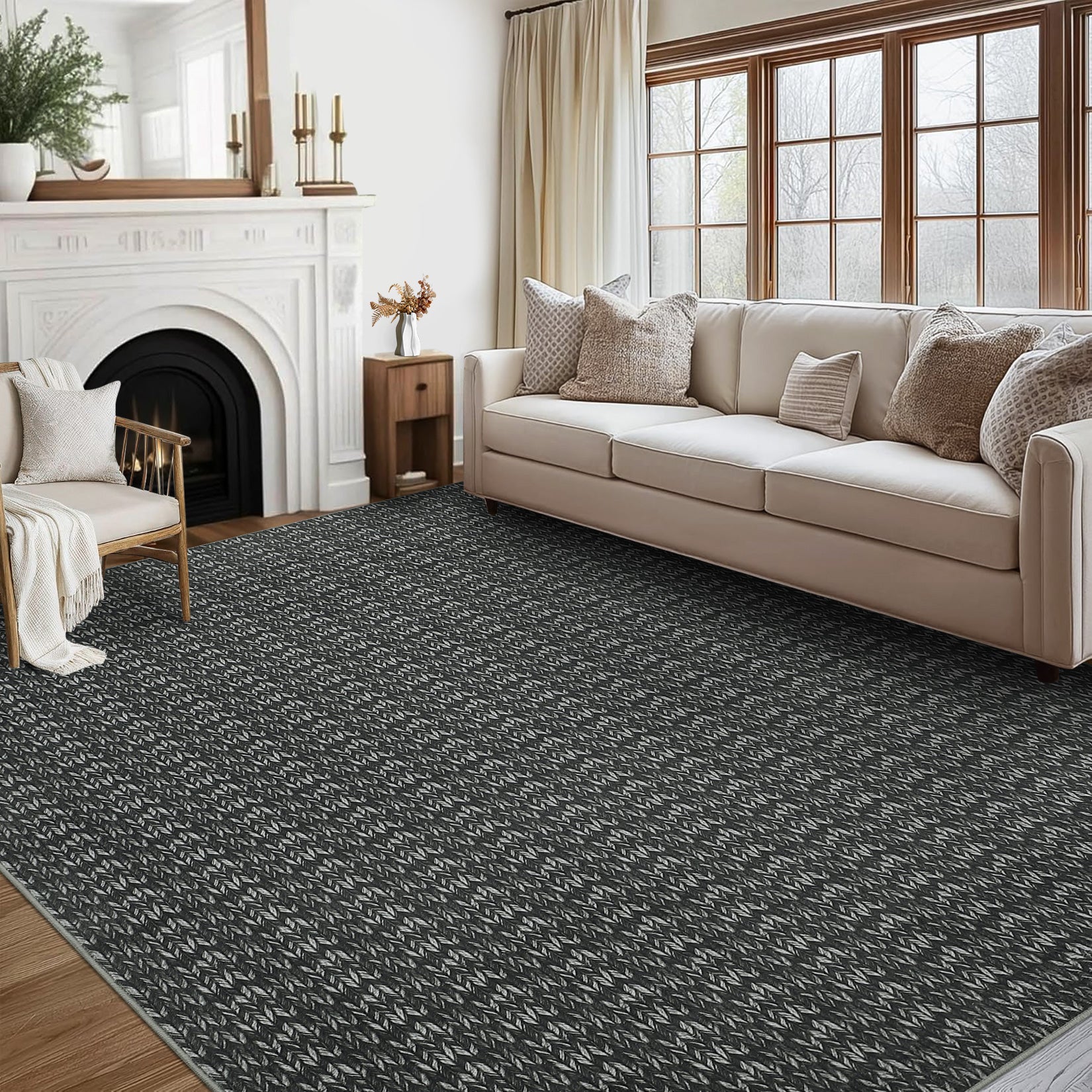 Garvee Modern Black 9x12 Large Area Rug Braided Print Living Room Rug with Non-Slip Backing, Contemporary Indoor Carpet, Foldable Low Pile Floor Cover for Dining Room, Bedroom, Black