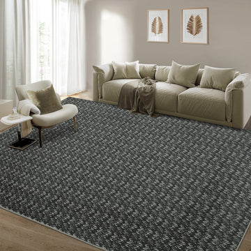 Garvee Modern Black 9x12 Large Area Rug Braided Print Living Room Rug with Non-Slip Backing, Contemporary Indoor Carpet, Foldable Low Pile Floor Cover for Dining Room, Bedroom, Black