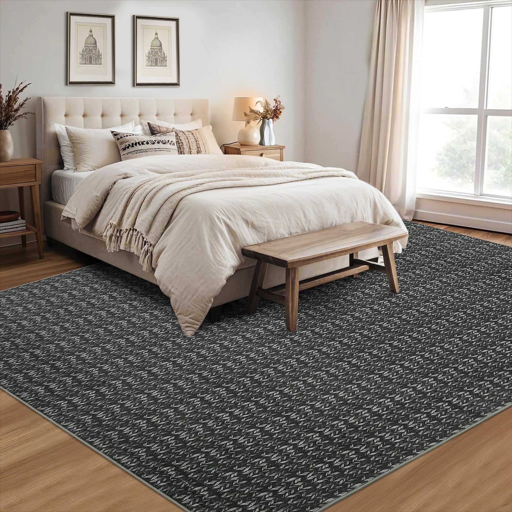 Garvee Modern Black 9x12 Large Area Rug Braided Print Living Room Rug with Non-Slip Backing, Contemporary Indoor Carpet, Foldable Low Pile Floor Cover for Dining Room, Bedroom, Black