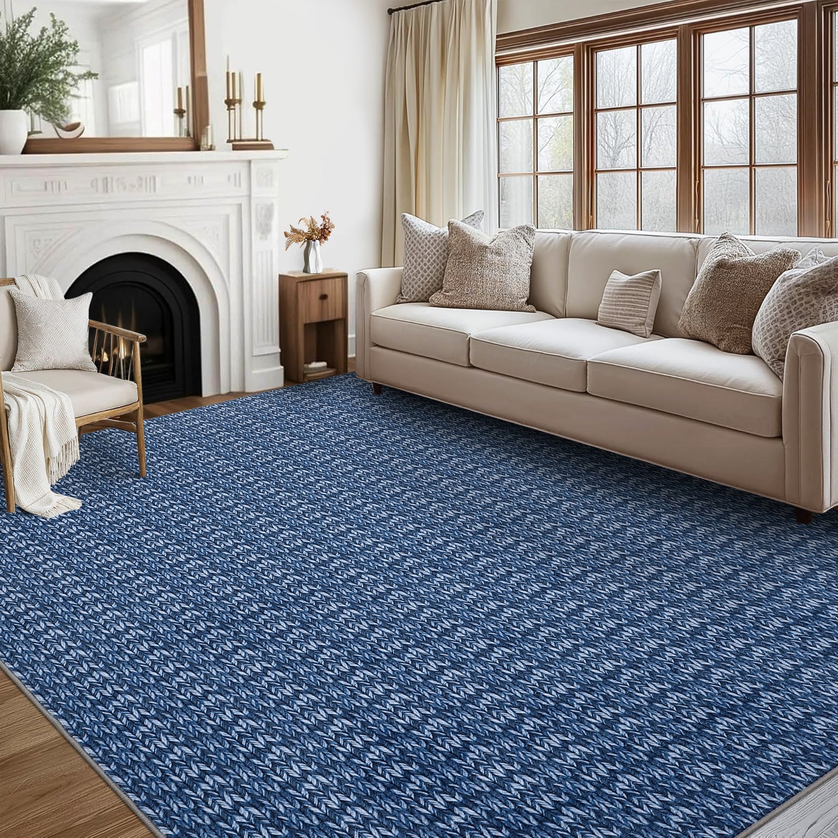 Garvee Modern Blue 5x7 Area Rug Braided Print Floor Cover with Non-Slip Backing, Washable Contemporary Indoor Carpet, Foldable Low Pile Throw Rug for Bedroom, Living Room