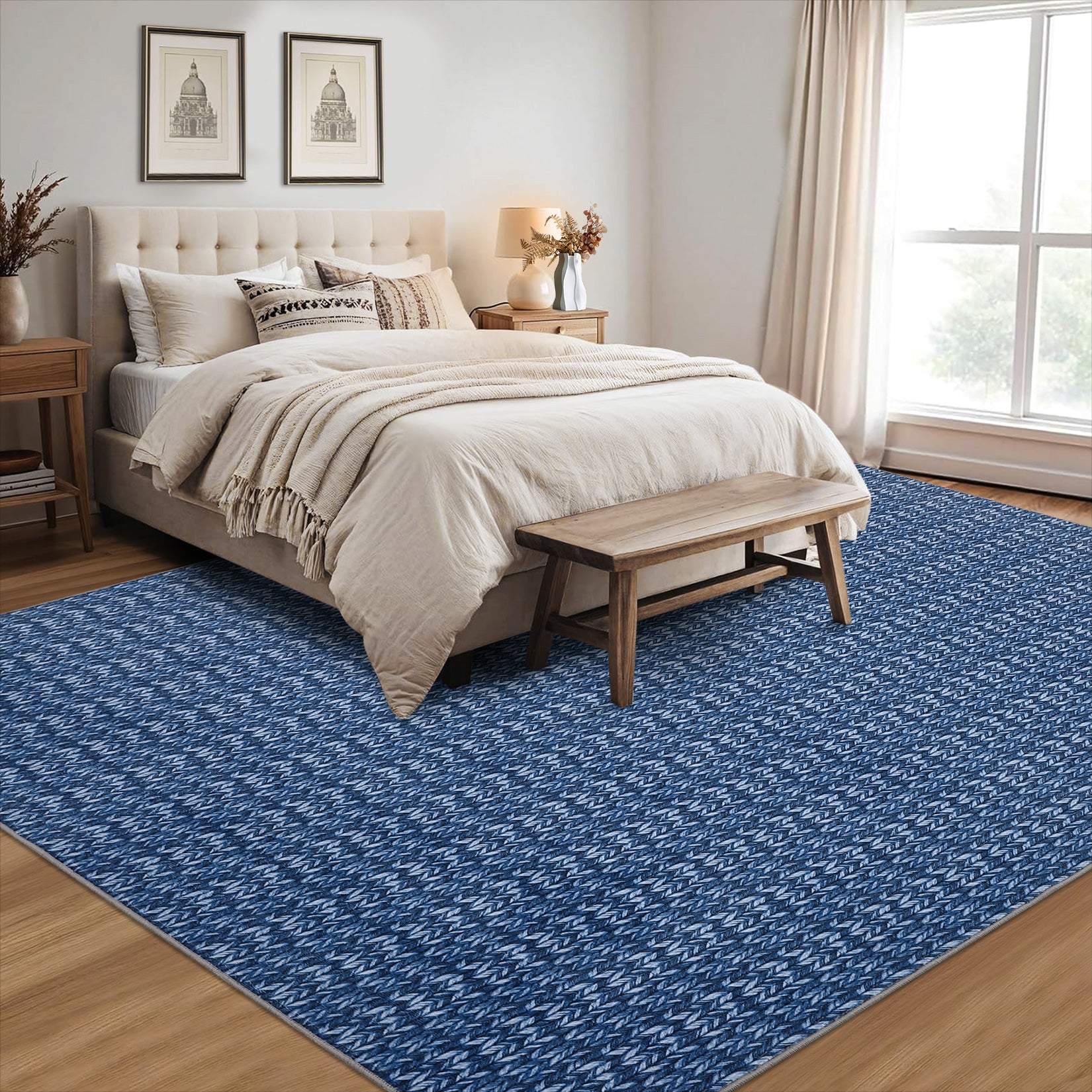 Garvee Modern Blue 5x7 Area Rug Braided Print Floor Cover with Non-Slip Backing, Washable Contemporary Indoor Carpet, Foldable Low Pile Throw Rug for Bedroom, Living Room