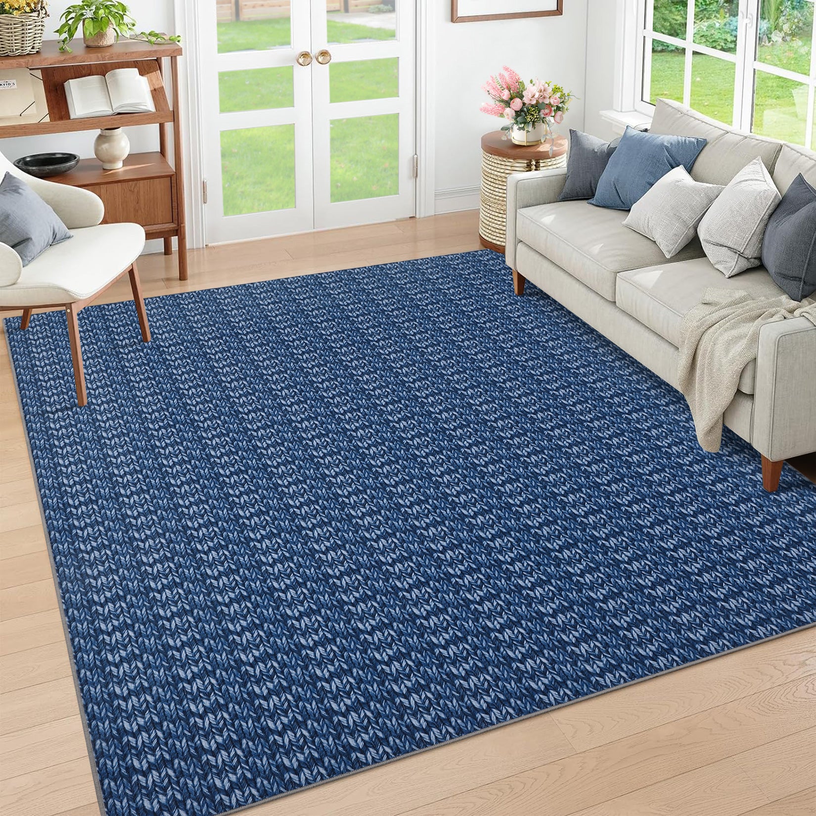 Garvee Modern Blue 5x7 Area Rug Braided Print Floor Cover with Non-Slip Backing, Washable Contemporary Indoor Carpet, Foldable Low Pile Throw Rug for Bedroom, Living Room
