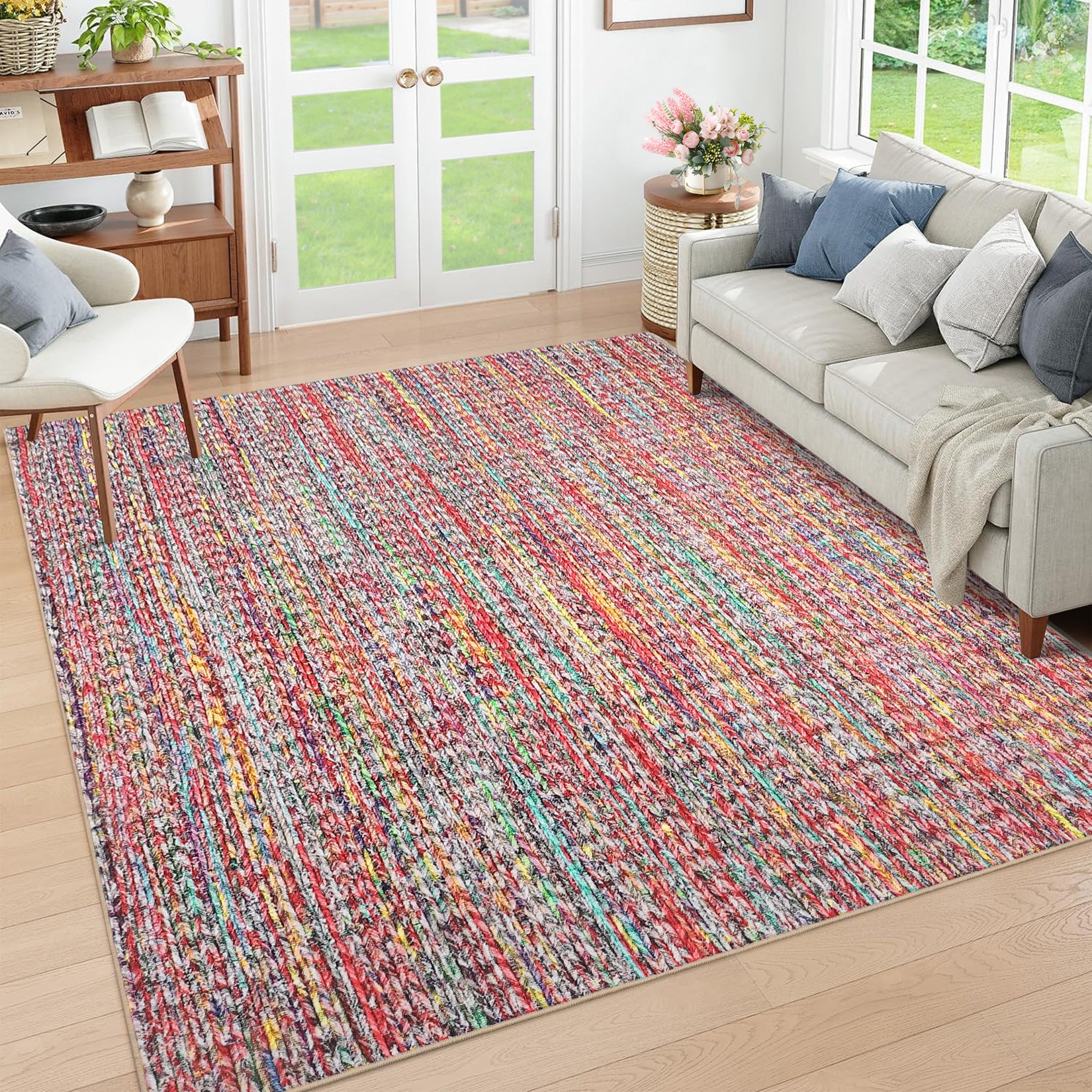 Garvee Modern Multicolor 6x9 Area Rug Braided Print Throw Rug with Non-Slip Backing, Washable Contemporary Accent Carpet, Foldable Low Pile Floor Cover for Living Room, Bedroom