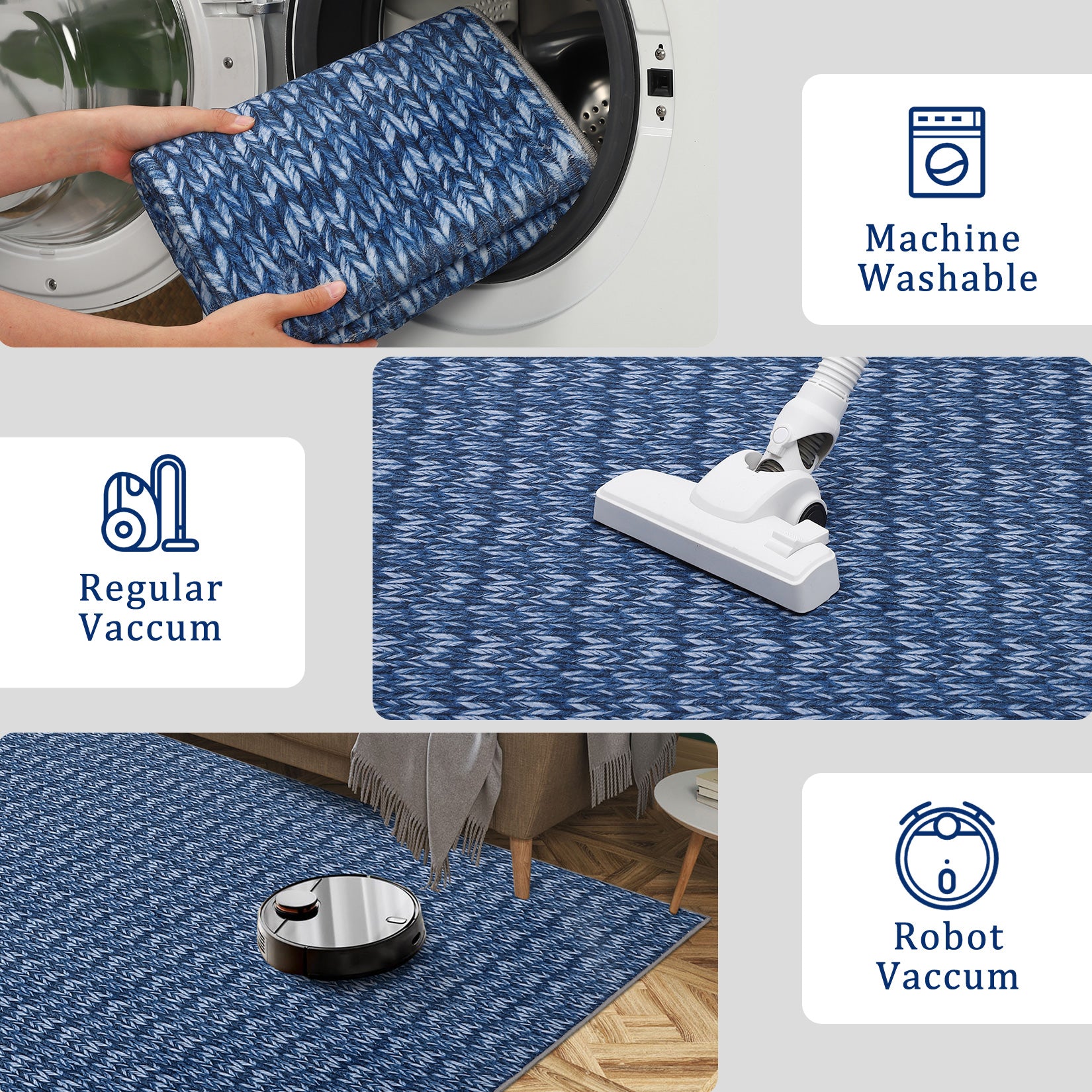 Garvee Modern Blue 9x12 Large Area Rug Braided Print Living Room Rug with Non-Slip Backing, Contemporary Indoor Carpet, Foldable Low Pile Floor Cover for Dining Room, Bedroom