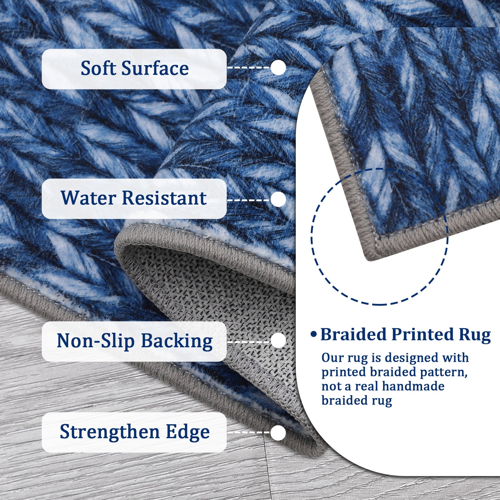 Garvee Modern Blue 8x10 Living Room Rug Large Braided Print Area Rug with Non-Slip Backing, Contemporary Indoor Carpet, Foldable Low Pile Floor Cover for Dining Room, Bedroom