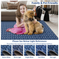 Garvee Modern Blue 8x10 Living Room Rug Large Braided Print Area Rug with Non-Slip Backing, Contemporary Indoor Carpet, Foldable Low Pile Floor Cover for Dining Room, Bedroom