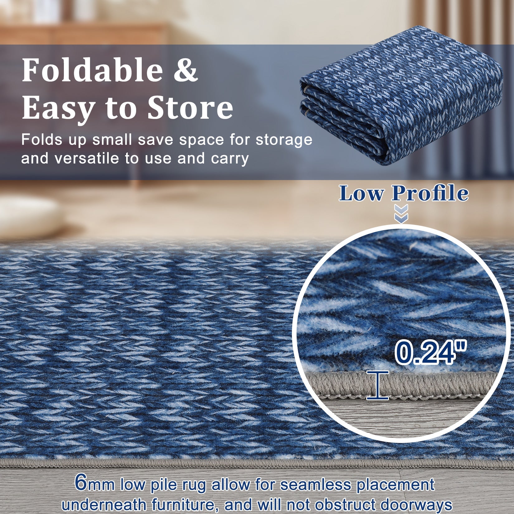 Garvee Modern Blue 8x10 Living Room Rug Large Braided Print Area Rug with Non-Slip Backing, Contemporary Indoor Carpet, Foldable Low Pile Floor Cover for Dining Room, Bedroom