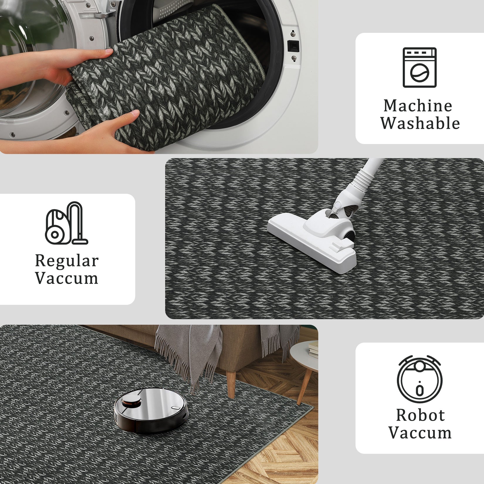 Garvee Modern Black 4'-Round Area Rug Braided Print Circle Rug with Non-Slip Backing, Contemporary Indoor Carpet, Foldable Low Pile Floor Cover for Bedroom, Living Room