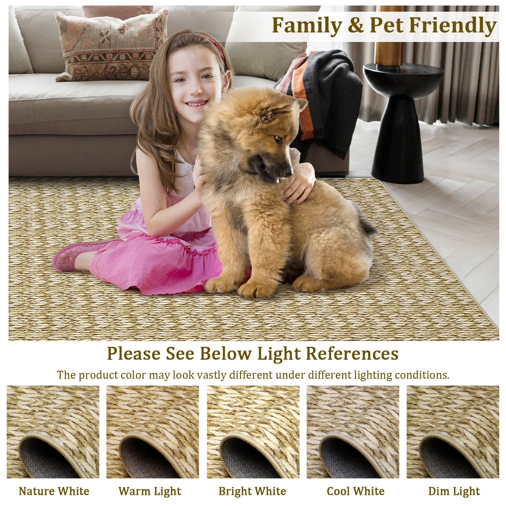 Garvee Modern Camel 10x13 Area Rug Braided Print Accent Carpet with Non-Slip Backing, Washable Contemporary Floor Cover, Foldable Low Pile Indoor Carpet for Bedroom, Living Room
