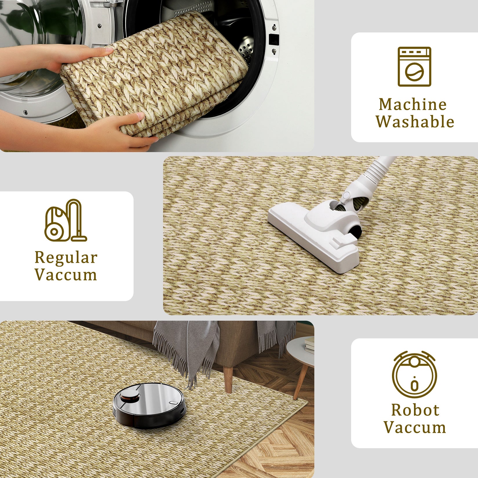 Garvee Modern Camel 8x10 Living Room Rug Large Braided Print Area Rug with Non-Slip Backing, Contemporary Indoor Carpet, Foldable Low Pile Floor Cover for Dining Room, Bedroom