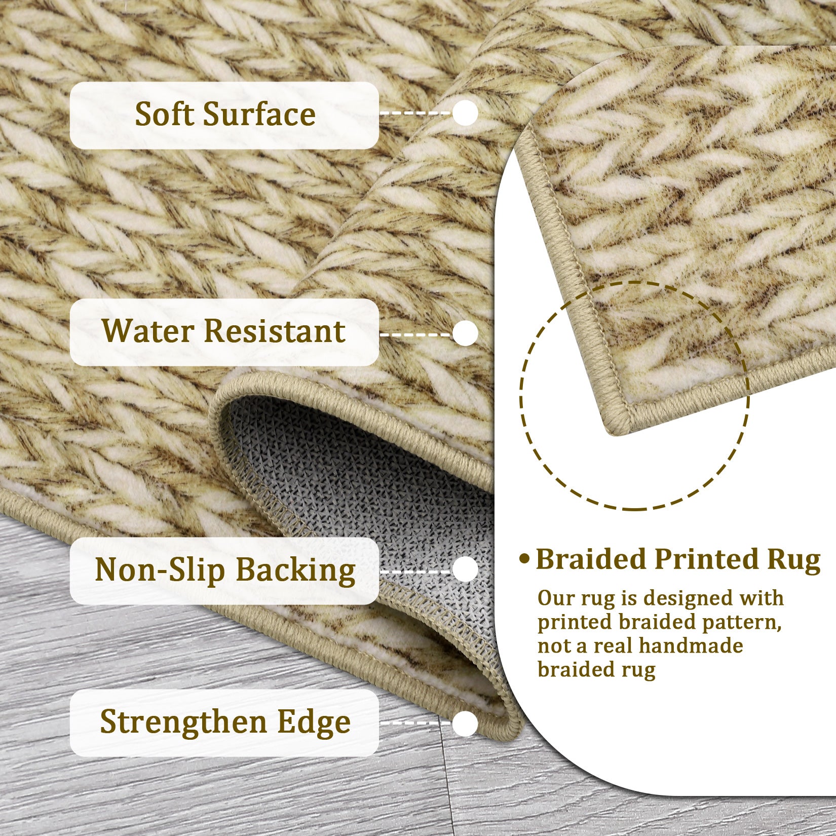 Garvee Modern Camel 6x9 Area Rug Braided Print Throw Rug with Non-Slip Backing, Washable Contemporary Accent Carpet, Foldable Low Pile Floor Cover for Living Room, Bedroom