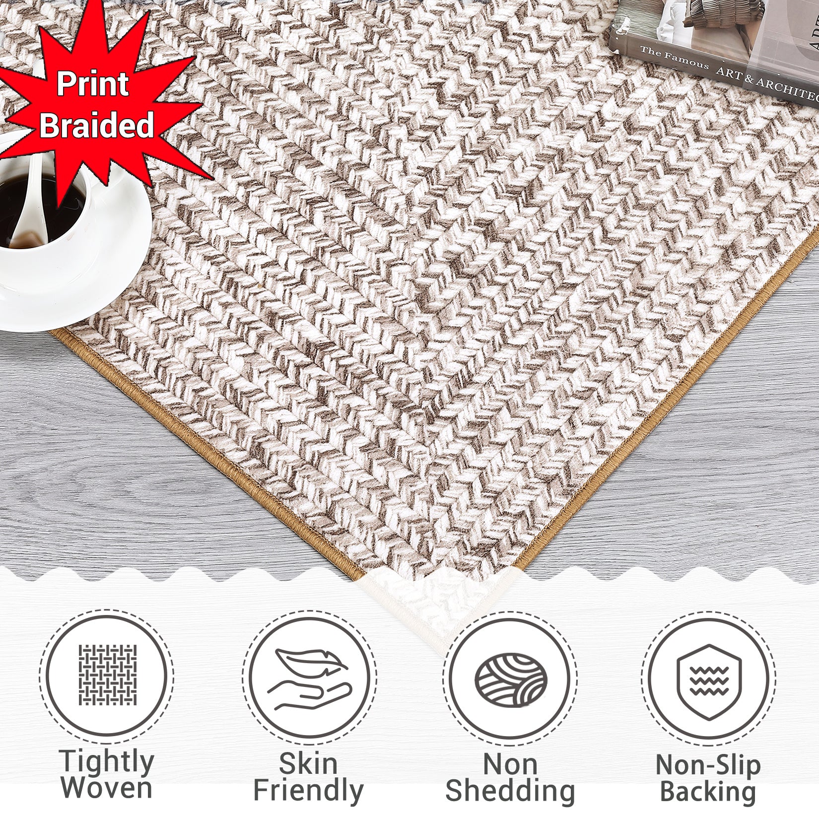 Garvee 10' x 13' Extra-Large Printed Braided-Style Area Rug, Washable Non-Slip Low-Pile Rug for Living Room, Bedroom & Dining Room, Beige