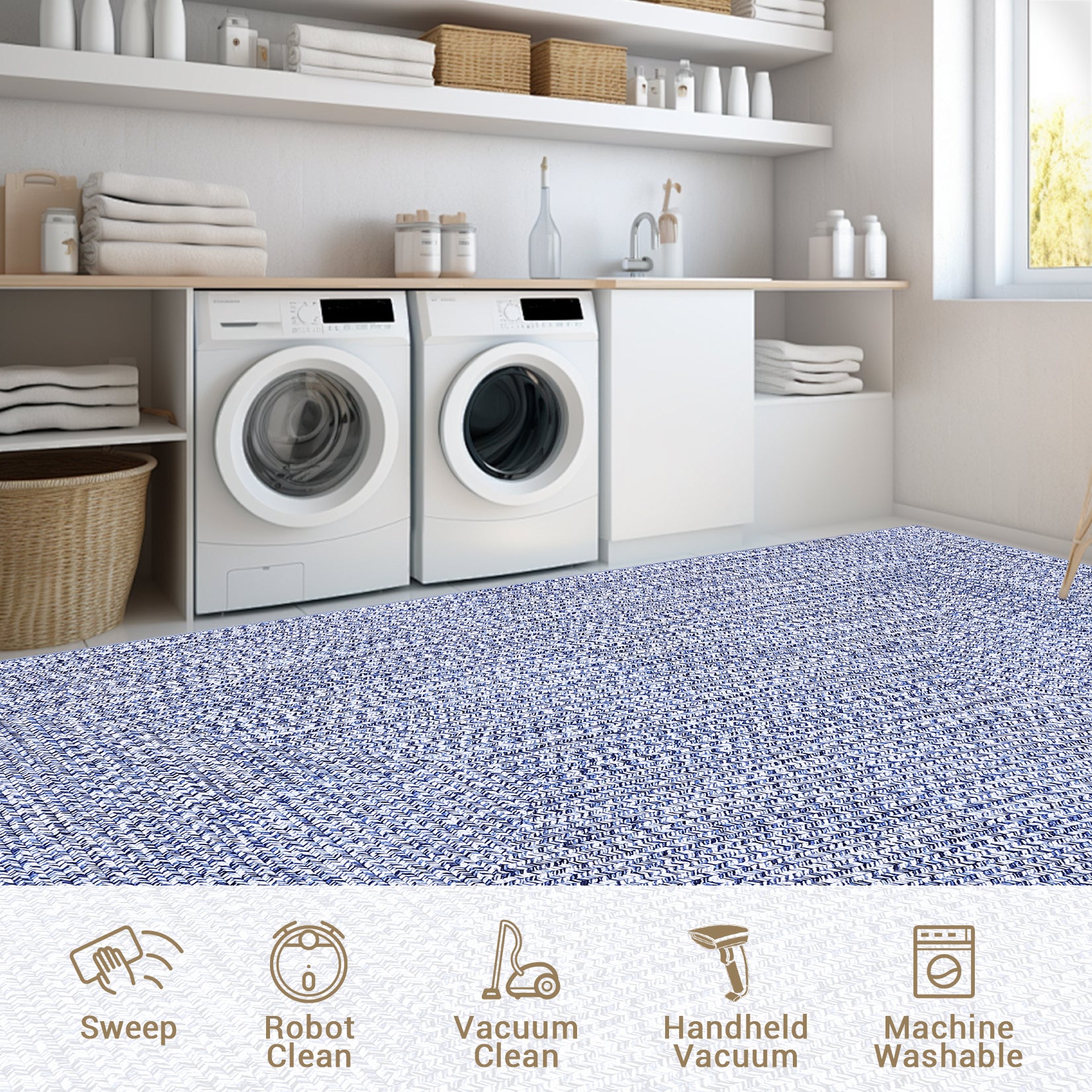 Garvee 9x12 Washable Rug with Non Slip Backing Printed Braided Foldable Low Pile Rugs Solid Printed Weaving Throw Floor Cover Ultra-Thin Carpet for Living Room Bedroom, Light Blue/ 9'x 12'