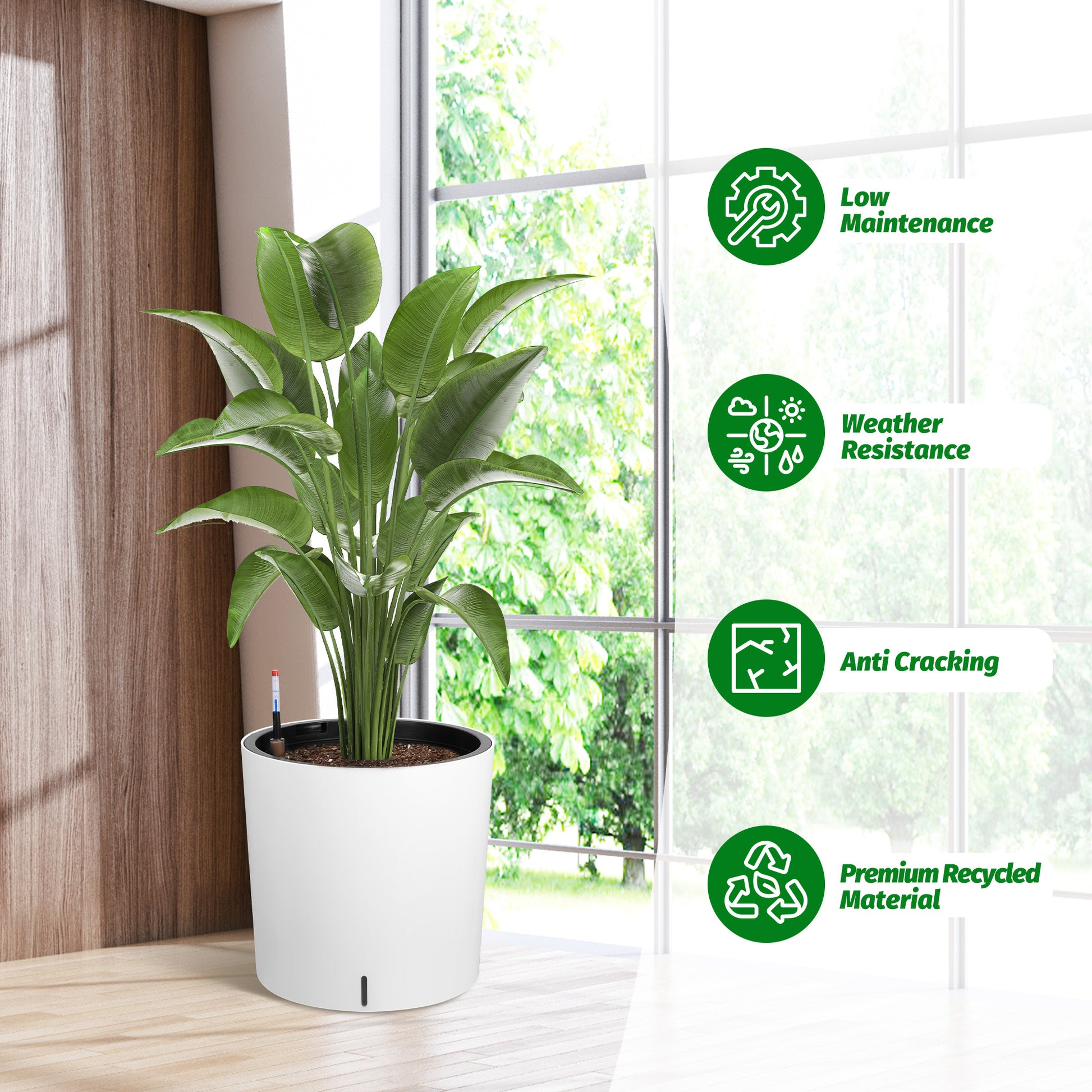 Garvee Tall Round Planter Set of 2, 20" Large Flower Pot Outdoor, Planters for Indoor Plants with Built-in Drainage and a Water Level Monitor and Wheels for Patio, Porch, Living Room, or Home Office,White