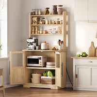 Garvee Farmhouse Bakers Rack with 2 Glass Doors, Power Outlet,Thickened Counter
