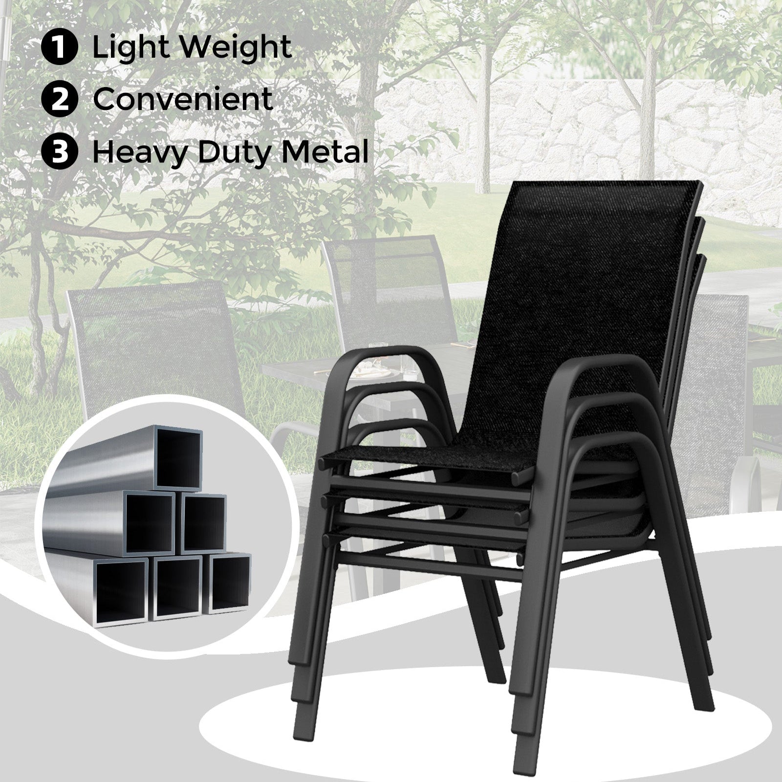 Garvee Stackable Patio Dining Chairs Set of 4, High-Back Textilene Outdoor Chairs with All Black Powder-Coated Steel Frame, All-Weather Deck Garden Seating, Solid Black
