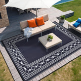 Garvee Large Outdoor Rug 9x12 Reversible Rug Waterproof Patio Rug Deck Rug, Geometric Outdoor Plastic Straw Rug, Uv Resistant Picnic Mat Camping Rug, Lightweight Outdoor Carpet, Blue - Dark Blue