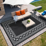 Garvee Large Outdoor Rug 9x12 Reversible Rug Waterproof Patio Rug Deck Rug, Geometric Outdoor Plastic Straw Rug, Uv Resistant Picnic Mat Camping Rug, Lightweight Outdoor Carpet, Black - Black & White