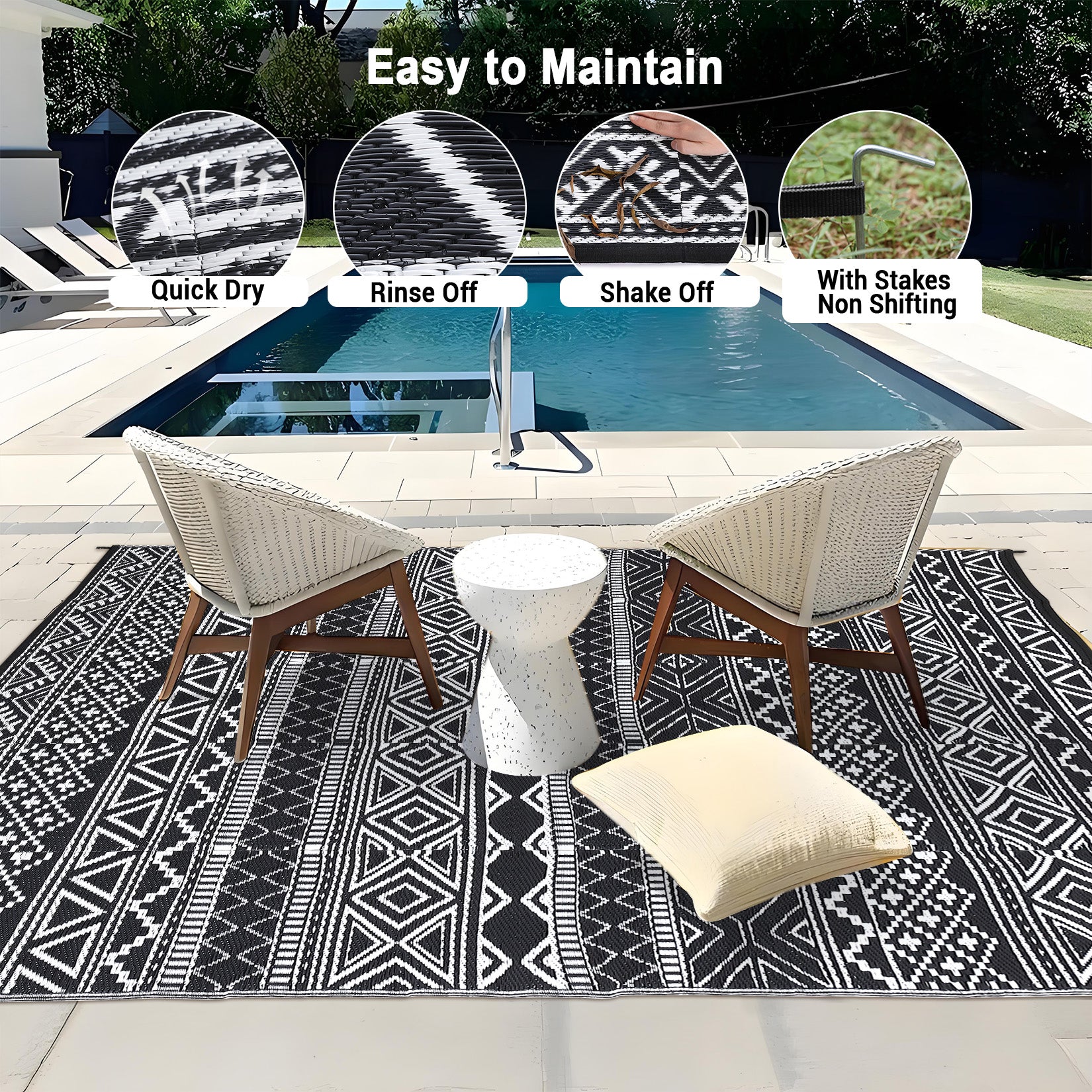 Garvee Outdoor Black & White 9x12 Rug Reversible Waterproof, UV & Stain Resistant Plastic Patio Carpet for RV, Camping, Deck, Porch