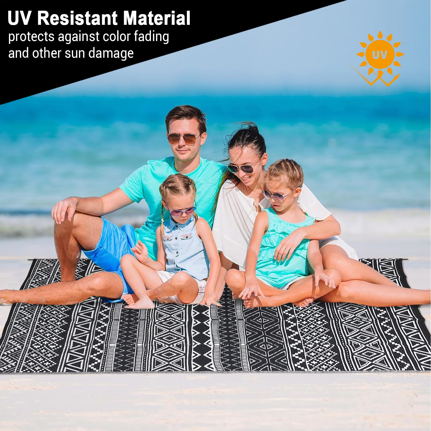 Garvee Outdoor Black & White 10x14 Geometric Rug, Waterproof Reversible Plastic Straw Carpet for Patio, Backyard, Deck, RV Camping