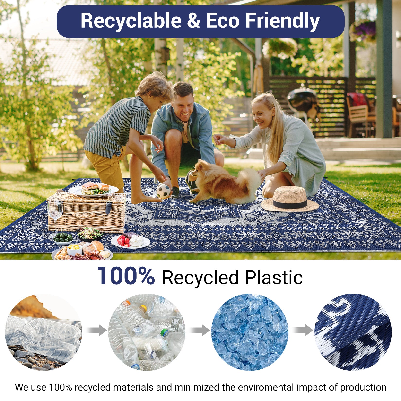 Garvee Outdoor Navy Blue & White 10x20 Waterproof Reversible Rug – UV-Resistant Plastic Straw Mat with Carry Bag, Foldable Easy-Clean Rug for Patio, Camping, RV, Beach, or Deck