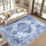 Garvee 5x7 Area Rugs for Living Room Washable, Soft Vintage Large Bedroom Rugs, Boho Farmhouse Low Pile Non-Slip Indoor Throw Carpet Rugs for Bedroom Dining Room (Navy Blue, 5'x7') - Navy Blue
