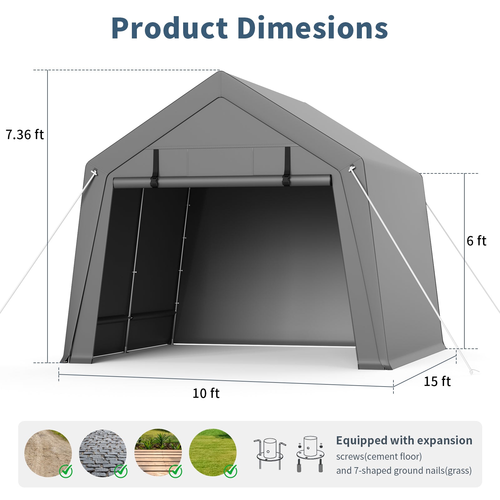 Garvee 10' X 10' Portable Carport with Rolled-Up Zipper Door, Waterproof Garage for Motorcycle, Bike, Firewood Storage, Grey