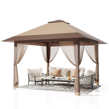 Garvee 13×13 ft Pop-Up Canopy Tent, Instant Outdoor Gazebo with Mosquito Netting, 3-Height Adjustable Steel Frame & Carry Bag for Backyard, Patio, Camping and Parties, Khaki