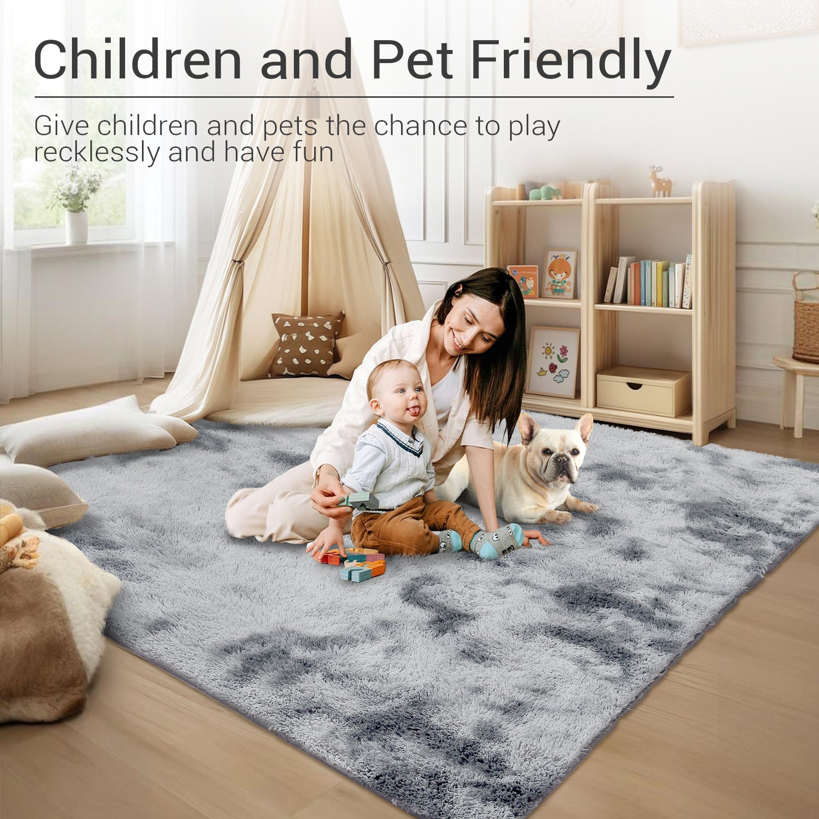 Garvee Fluffy & Sheepskin Light Grey 10x13 Plush Thick Shag Rug, Non-Slip Non-Shedding Tie Dye for Bedroom Kids Dorm