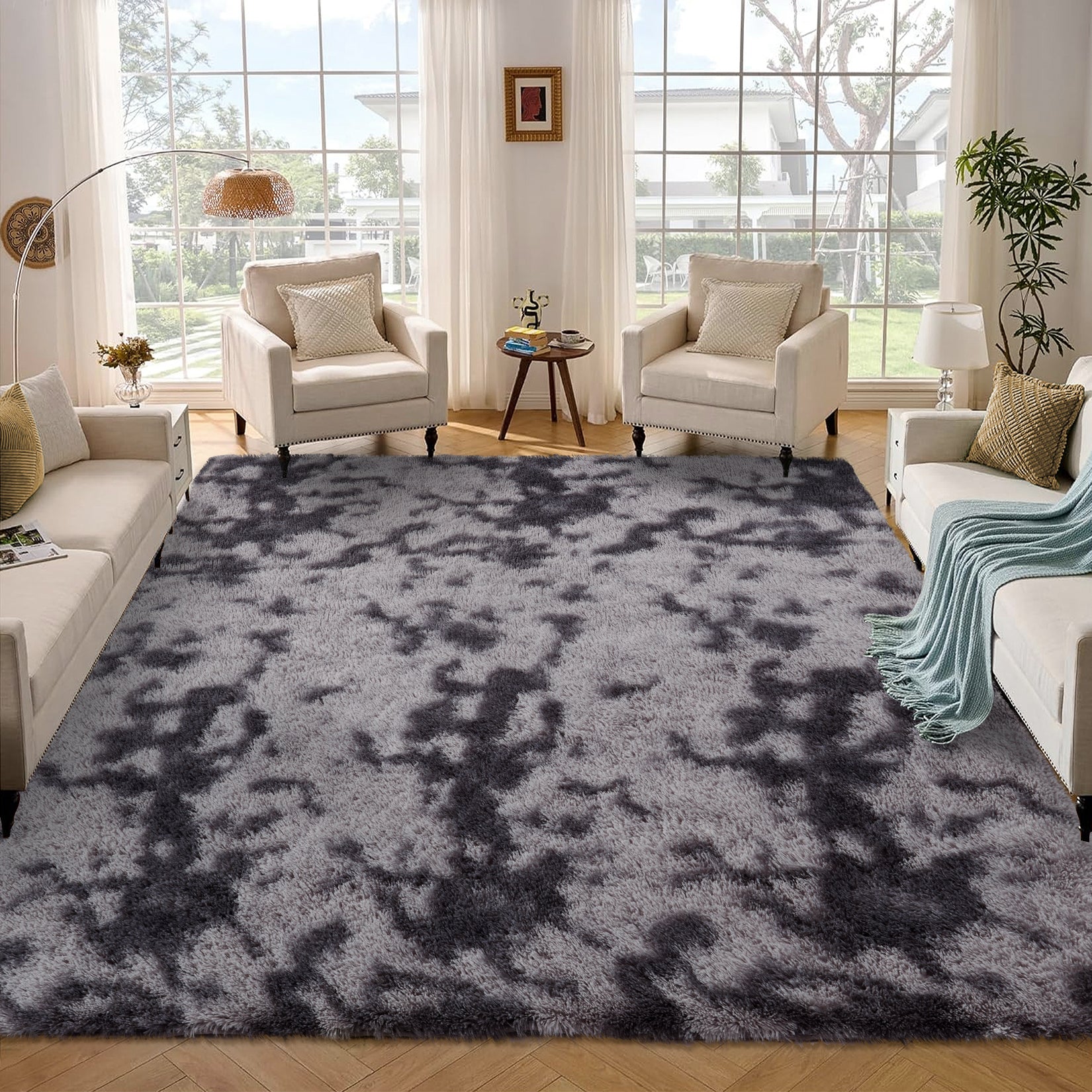 Garvee Fluffy & Sheepskin Deep Grey Tie-Dye 63"×79" Area Rugs Shaggy Rug for Bedroom Fuzzy Rug Living Room Rugs Non-Slip Rug for Living Room Bedroom Dining Room Office Plush Rug