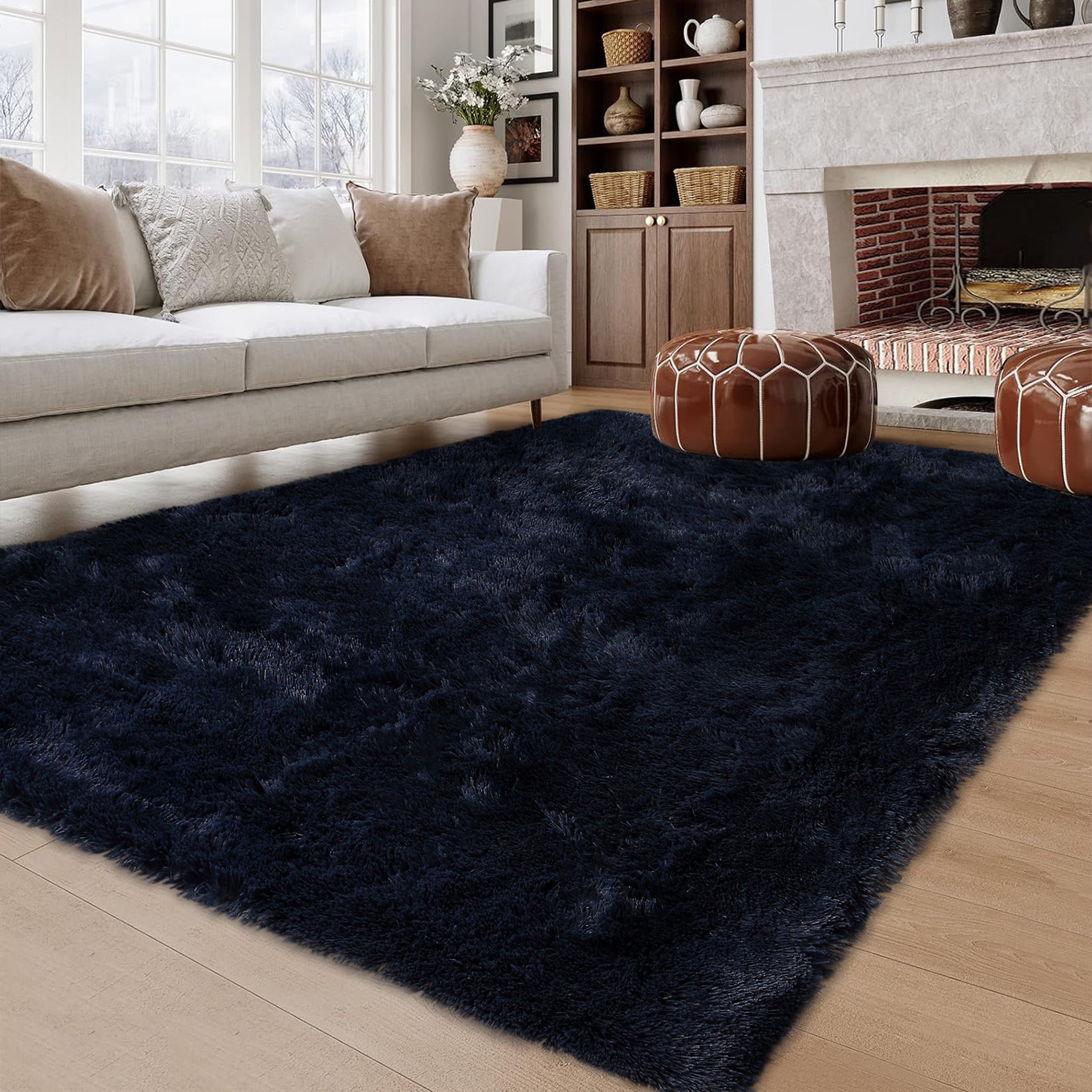 Garvee Fluffy & Sheepskin Pure Navy Blue 8x10 Fuzzy Plush Shaggy Rug, Furry Carpet for Living Room Bedroom Nursery