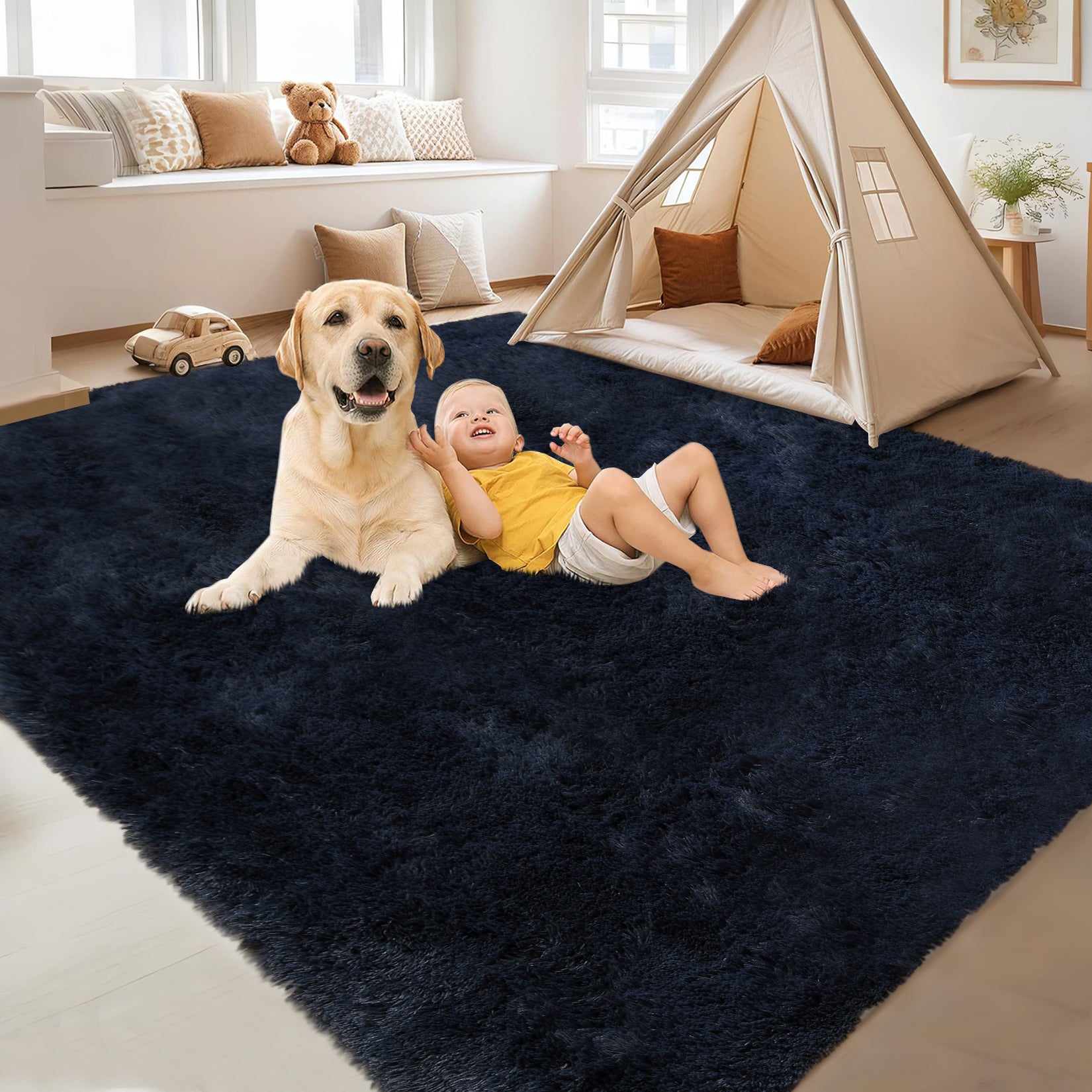 Garvee Fluffy & Sheepskin Pure Navy Blue 8x10 Fuzzy Plush Shaggy Rug, Furry Carpet for Living Room Bedroom Nursery