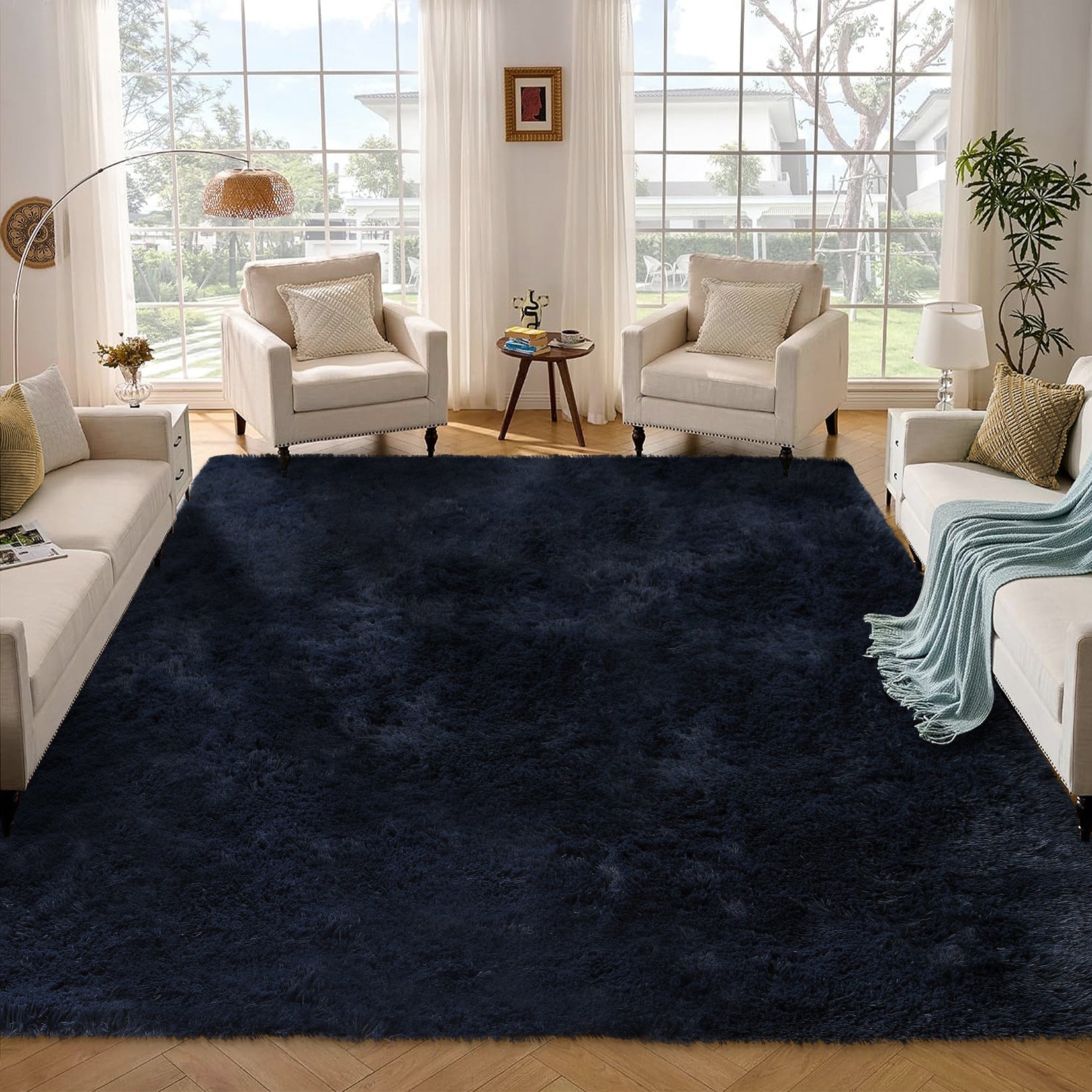 Garvee Fluffy & Sheepskin Pure Navy Blue 8x10 Fuzzy Plush Shaggy Rug, Furry Carpet for Living Room Bedroom Nursery