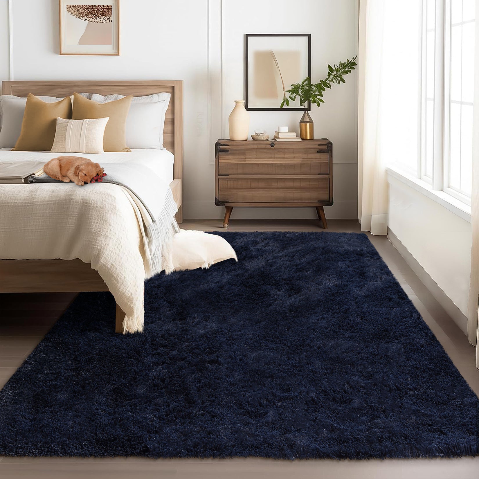 Garvee Fluffy & Sheepskin Pure Navy Blue 8x10 Fuzzy Plush Shaggy Rug, Furry Carpet for Living Room Bedroom Nursery