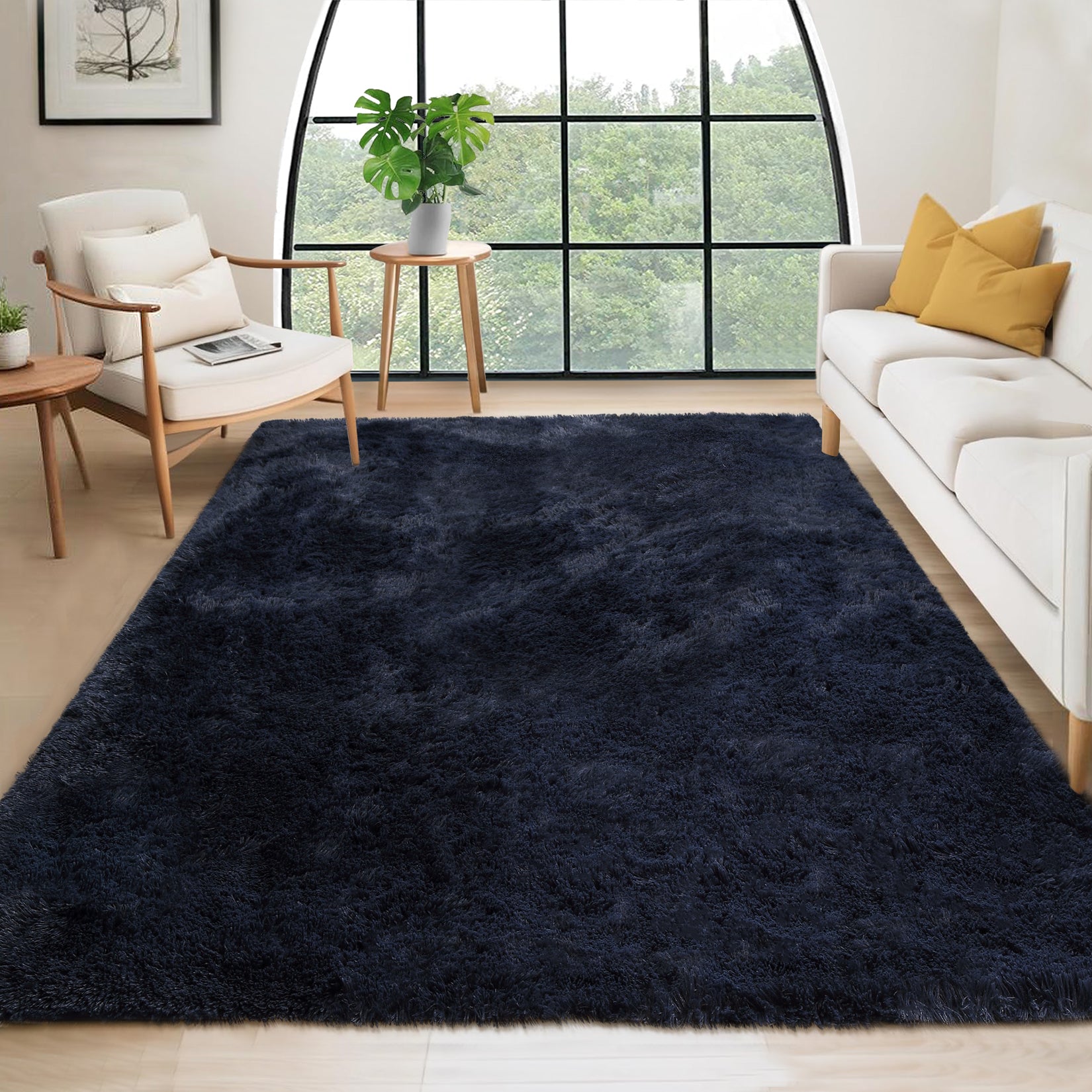 Garvee Fluffy & Sheepskin Pure Navy Blue 9x12 Shaggy Rug, Non-Shedding Soft Non-Slip Tie Dyed for Living Room Nursery