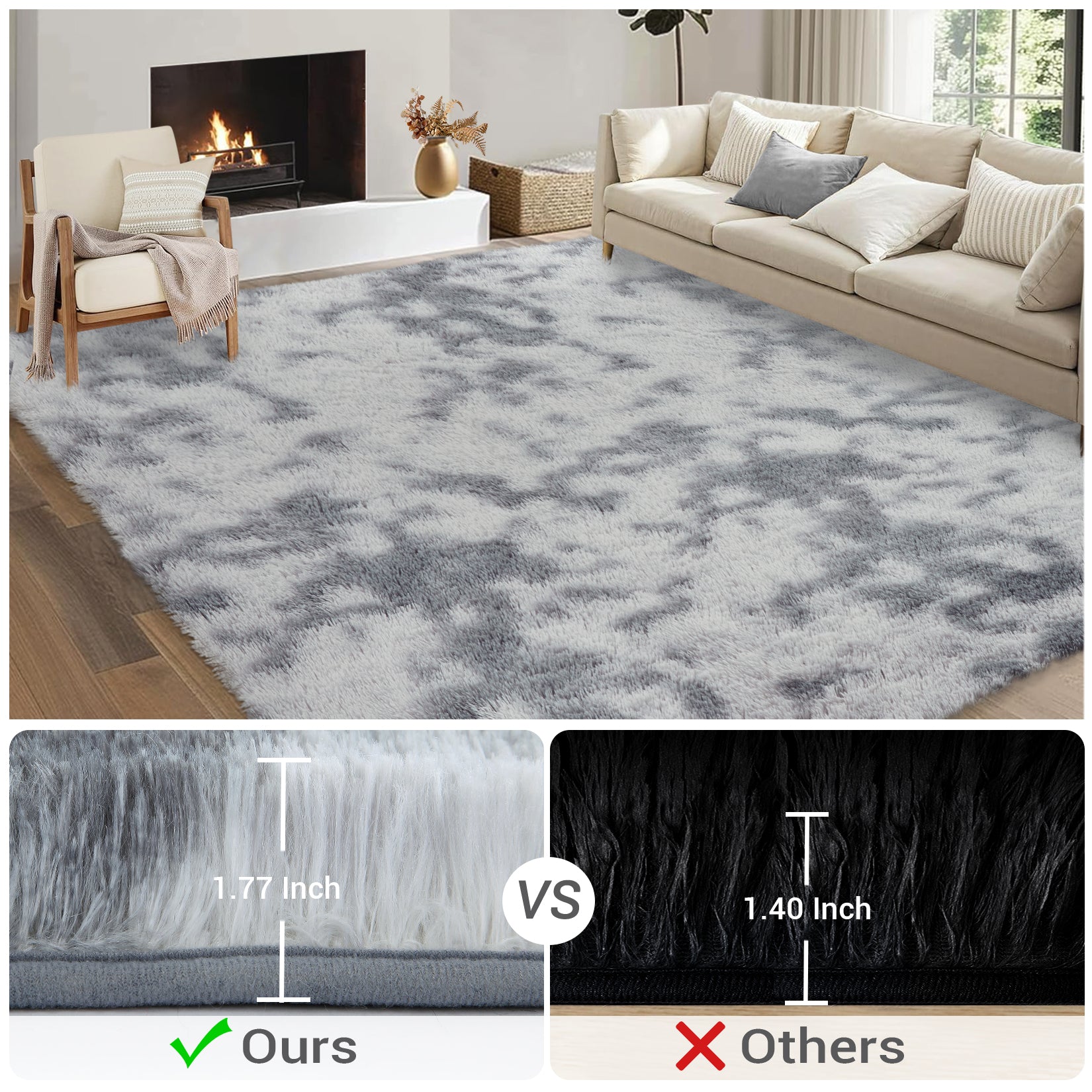 Garvee Fluffy & Sheepskin Light Grey 2.6x4.9 Area Rug for Bedroom Plush Rug Non-Slip Carpet Shaggy Rug for Living Room Bedroom Dining Room Kitchen Office Nursery Bedroom Decor,Grey