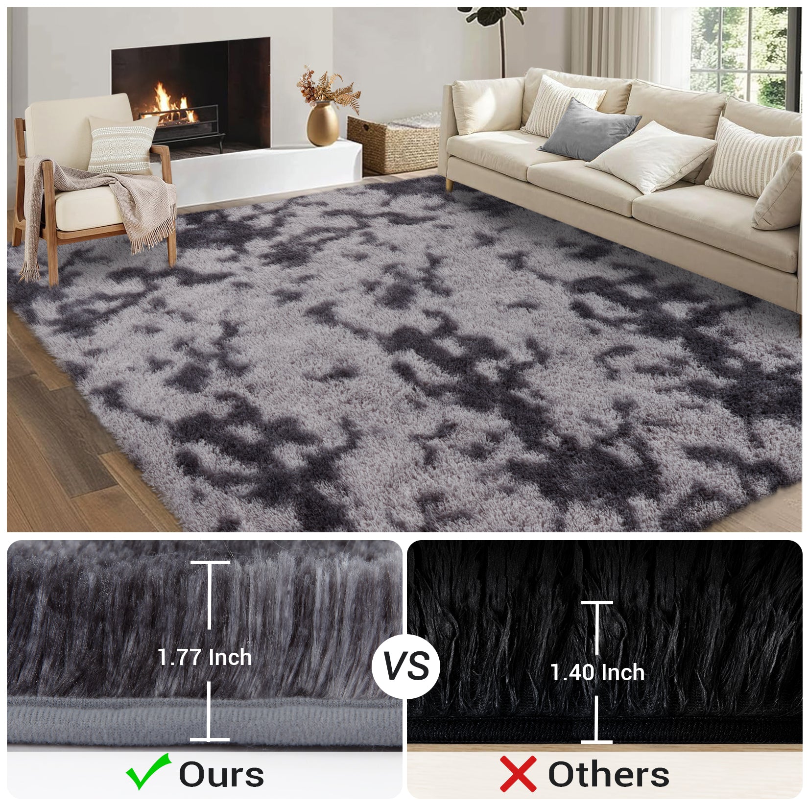 Garvee Fluffy & Sheepskin Deep Grey Tie-Dye 9x12 Area Rugs or Bedroom Furry Rug for Living Room, Fuzzy Shag Fur Rug for Nursery Room Tie-Dyed Non-Skid Plush Throw Rug Shaggy Accent Rug for Indoor Home Floor Carpet