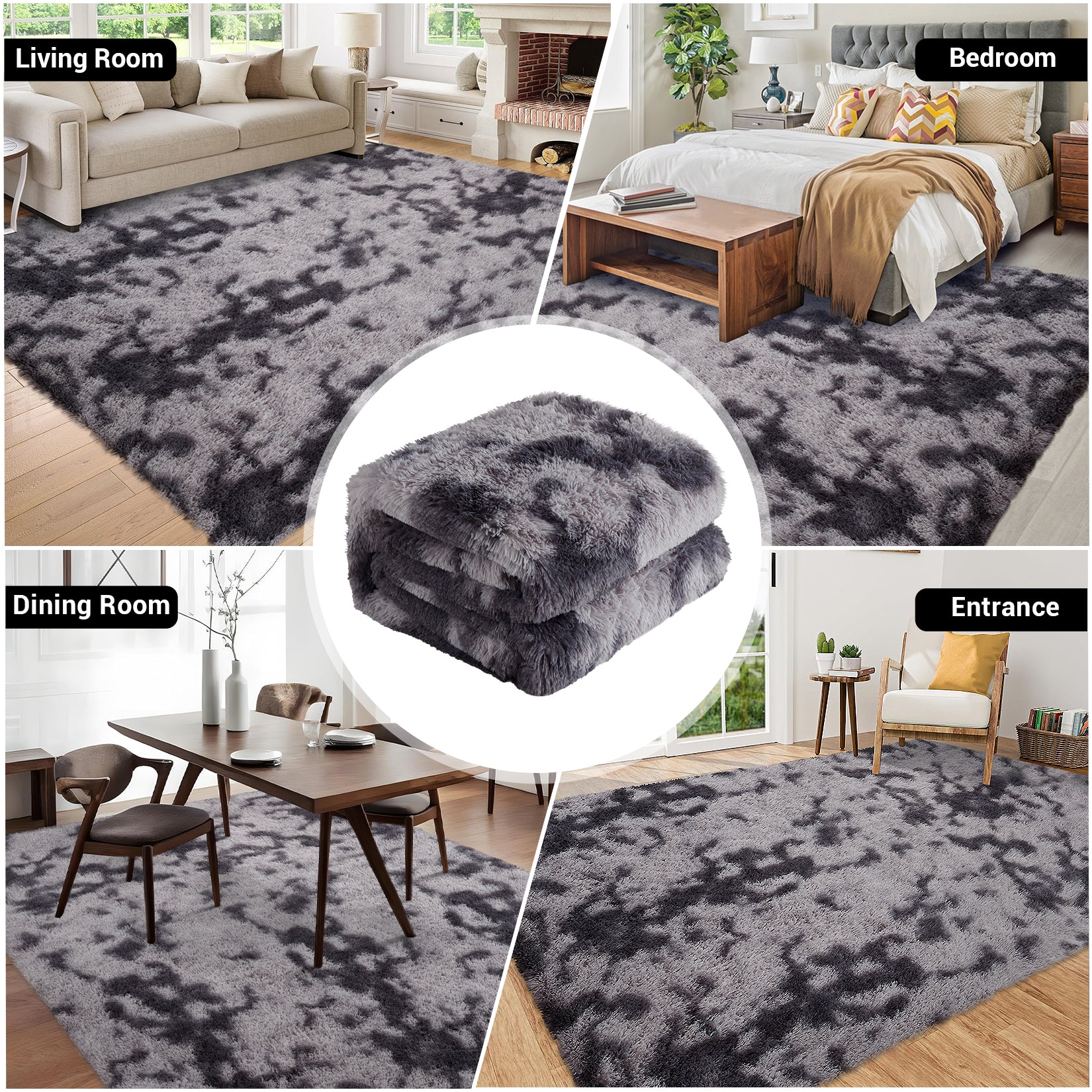 Garvee Fluffy & Sheepskin Deep Grey Tie-Dye 9x12 Area Rugs or Bedroom Furry Rug for Living Room, Fuzzy Shag Fur Rug for Nursery Room Tie-Dyed Non-Skid Plush Throw Rug Shaggy Accent Rug for Indoor Home Floor Carpet