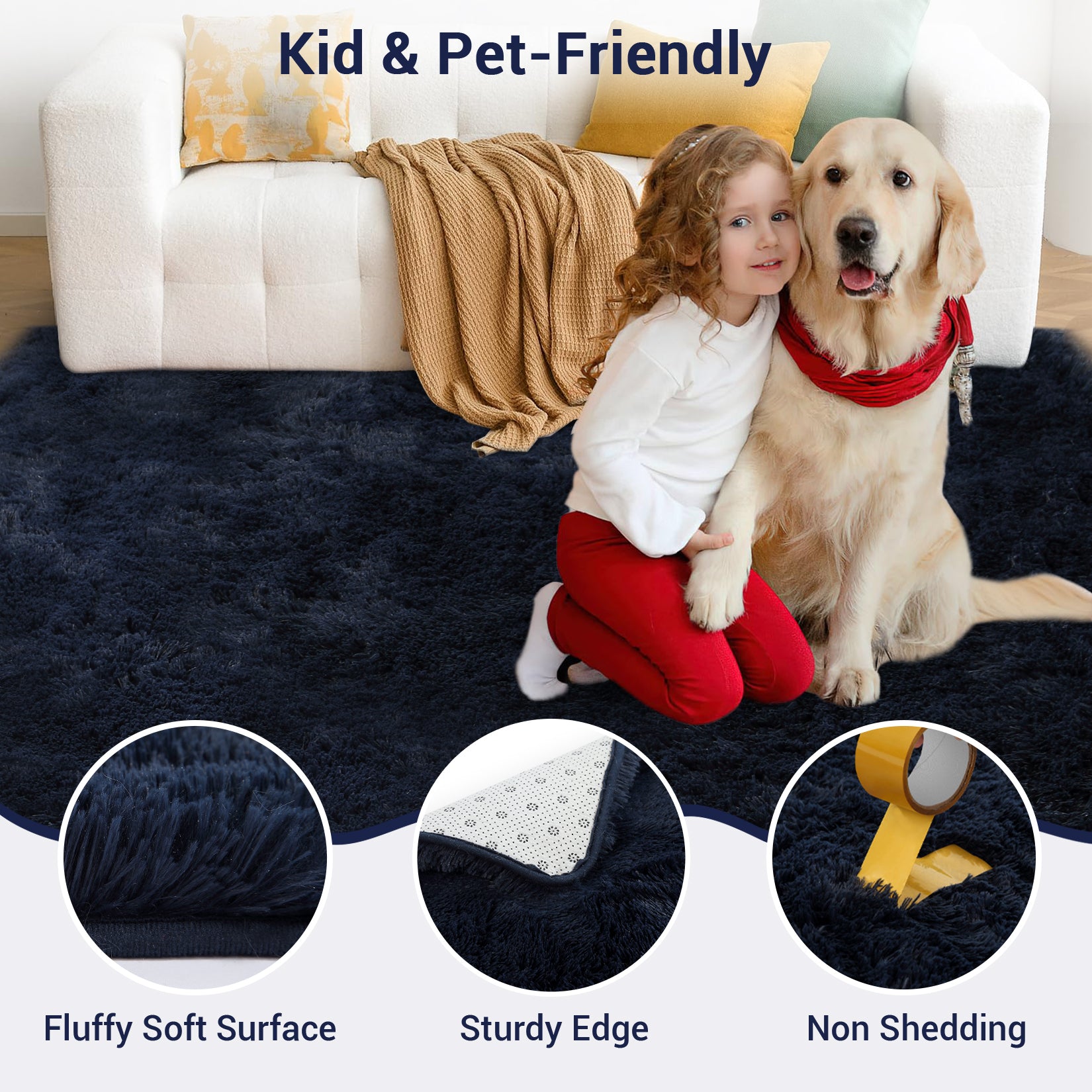 Garvee Fluffy & Sheepskin Pure Navy Blue 8x10 Fuzzy Plush Shaggy Rug, Furry Carpet for Living Room Bedroom Nursery
